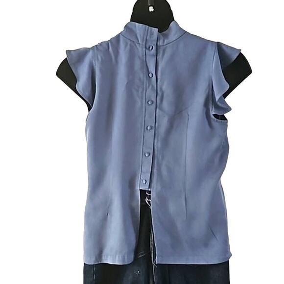NWOT Chelsea & Theodore Blue Sleeveless Ruffle Front Blouse Women’s Size Large - Picture 6 of 6